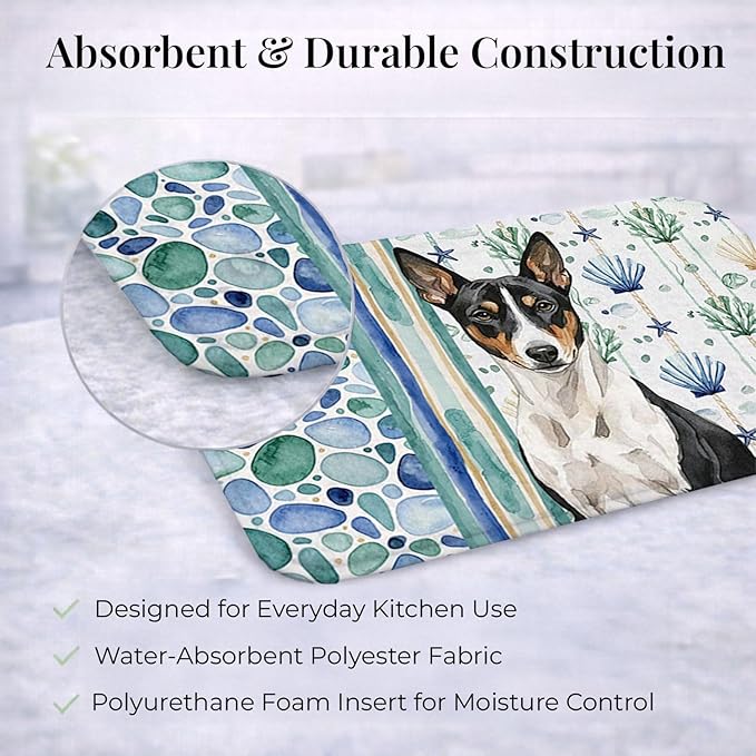 Caroline's Treasures Black and White Basenji Coastal Sea Glass Dish Drying Mat Absorbent Dish Drying Mat Pad for Kitchen Counter Dish Drainer Mat for Countertop 14 x 21 Multicolor