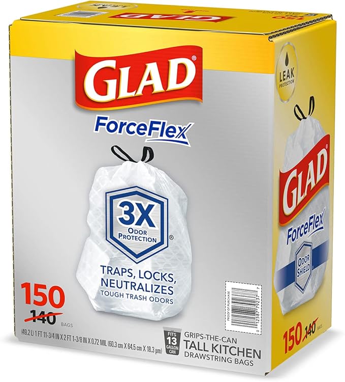 Glad Forceflex Tall Kitchen 13 Gallon Drawstring Trash Bags with Odorshield (150 Ct.)