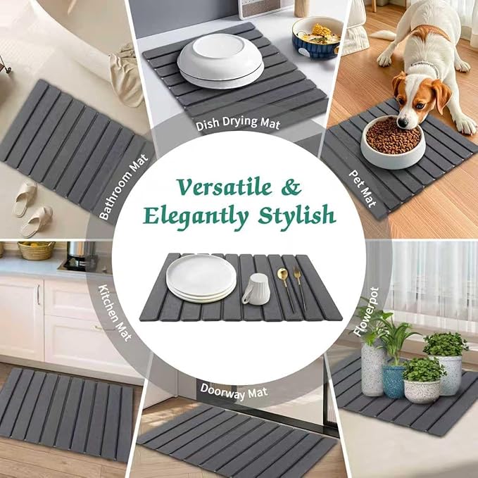 Stone Dish Drying Mat for Kitchen Counter 24''×15'' Dishes Drying Matt Kitchen Counter Absorbent Diatomaceous Earth Bath Quick Dry Mats for Tableware Bottles and Cup (Dark Grey)