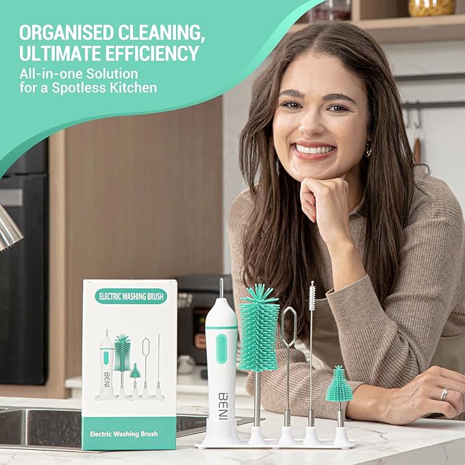 Travelling Electric Bottle Brush Cleaner Baby Bottle Brush Set Fully Water -Proof Bottle Brush Long Handle Brush BPA Free Silicon Brush Heads Drying Stand Milk Mixer Egg Whisk Included