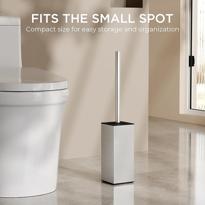 FORIOUS Toilet Brush and Holder Set Heavy Duty 304 Stainless Steel Base Square and Long Handle for Bathroom Deep Cleaning Drip-Proof Space Saving for Storage 2 Toilet Bowl Brush Head