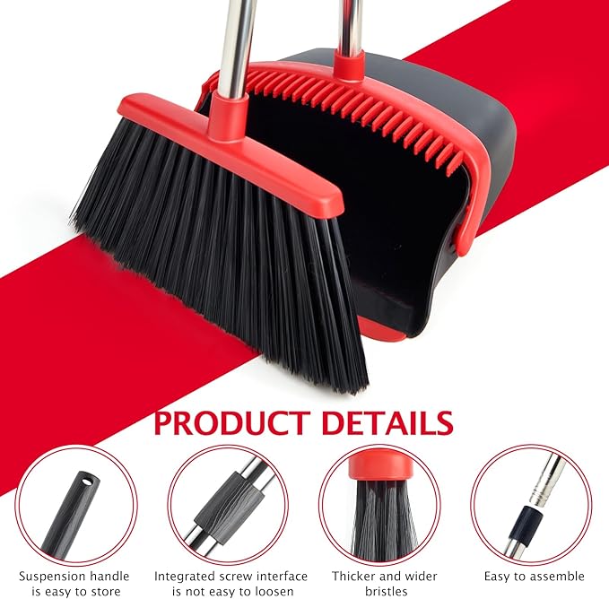 Broom and Dustpan Set with Long Handle Heavy Dust Broom and Dustpan Combo for HomeKitchen Office Pet Hair (Black Red)