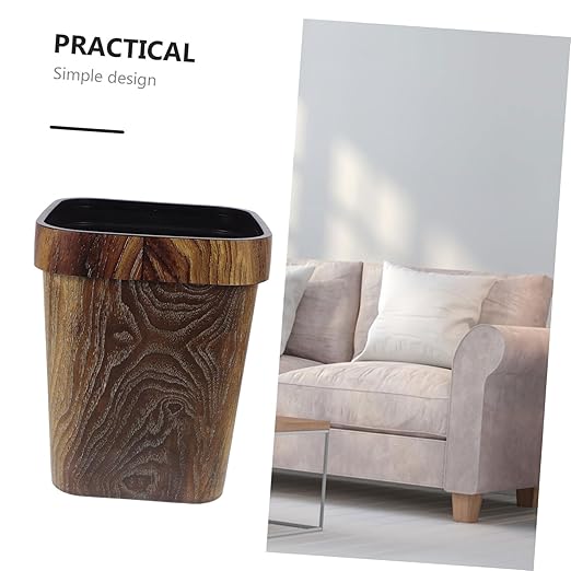 Square Trash Can with Faux Wood Grain Lidless Plastic Wastebasket with Removable Press Ring for Office Bedroom Kitchen Space-Saving Reusable Garbage Bin for Home and Farmhouse