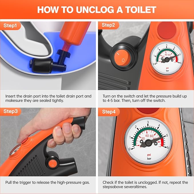 Electric toilet plungerToilet Auger with Pressure Gauge Electric Drain Snake for Clogged Toilet High-Pressure Toilet Auger plungers for bathroomPneumatic Toilet Auger Tool