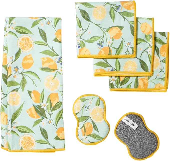 Kitchen Bundle in Lemon Yellow Super Absorbent Reusable Towel Counter Cleaners and Washable Sponges Made from Recycled Materials Eco Friendly 6 Piece Cleaning Set