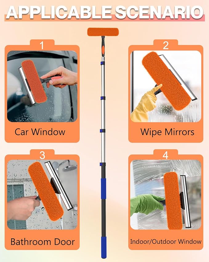 26FT Reach Window Squeegee for Window Cleaning Kit with 5-20 Foot Telescoping Extension Pole 2 in 1 Window Squeegee Cobweb Duster Dust Kit Window Washing Kit for Car Shower Glass Door