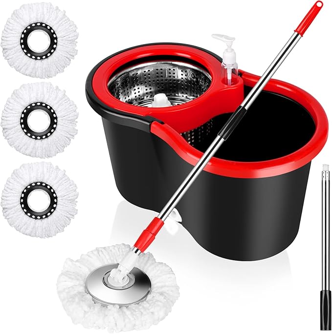 Spin Mop and Bucket with Wringer Set 360° Spinning Mop Bucket System with 3 Microfiber Mop Replacement Heads and 61 Stainless Steel Adjustable Handle for Floor Cleaning (20QT)