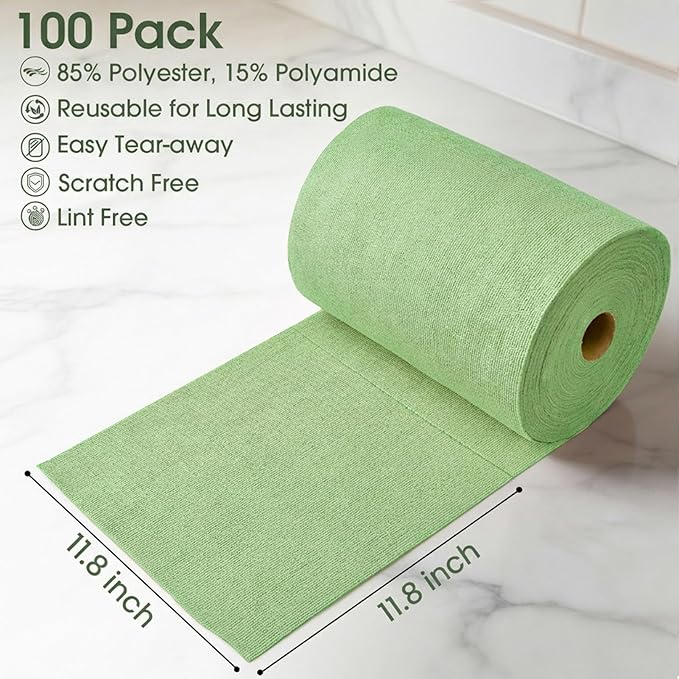 Microfiber Cleaning Cloth Roll - 100 Pack Tear Away Microfiber Paper Towels Reusable Washable Scratch-Free Kitchen Towels for Car Home Kitchen Glass Dishes(Bean Green)