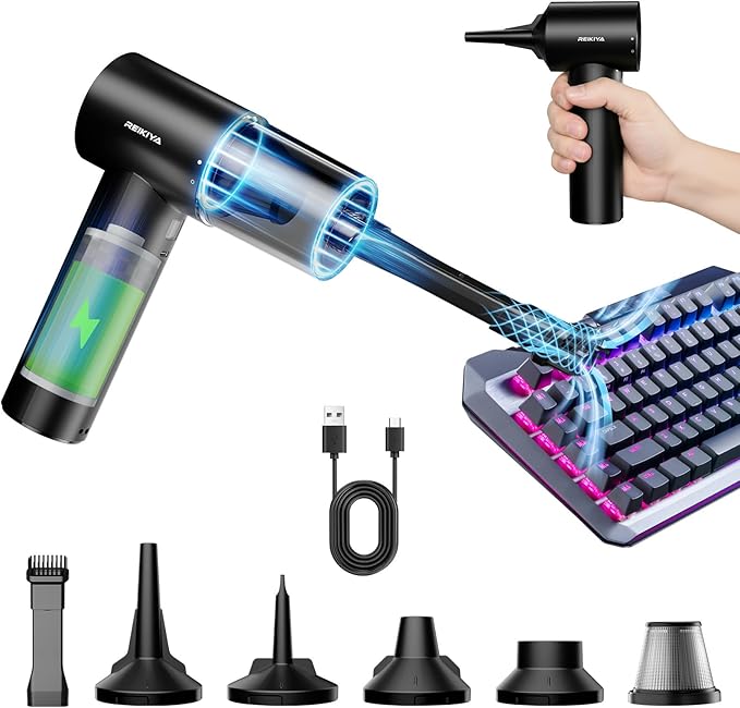 REIKIYA Car Vacuum Cleaner Portable Cordless 14000PA Compressed Air Duster 150000RPM Blower for Keyboard Computer Cleaning with LED Light&amp 7800mAh Battery Inflator Pump for Balls Inflatable Mattr