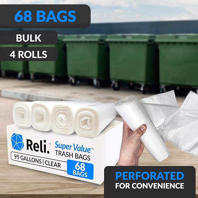 Reli. 95 Trash Bags Heavy Duty | 68 Trash Bags | Super Sizeable for Serious Garbage Cleanup (Clear)