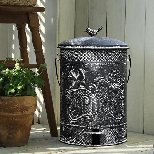 Farmhouse Garbage Can with Lid Indoor Outdoor Trash Can with Embossed Bird and Flowers PatternMetal Retro Kitchen Trash Can with Lid for Kitchen Room and Garden Decor (Black)