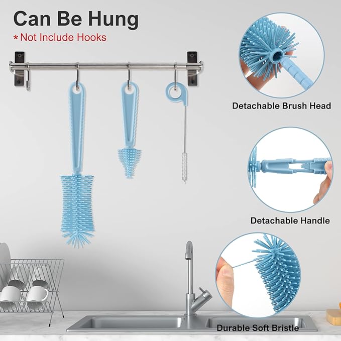 Bottle Brush Set -Baby Travel Essential-6 in 1 Bottle Cleaner Kit with Silicone Bottle BrushNipple Cleaner BrushStraw BrushSoap DispenserStorage BoxBottle Drying Rack for Home and Travel(Blue)