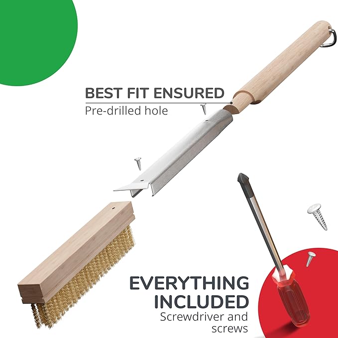 22” Pizza Oven Brush with Stone Scraper - Heat Resistant Stainless Steel Bristles Extra Long Handle - Universal Fit for Most Pizza Ovens