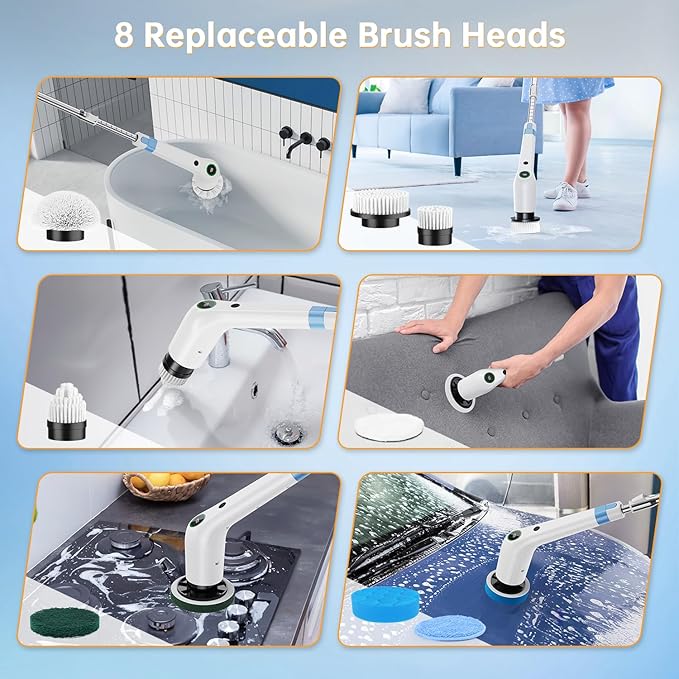 Electric Spin Scrubber Cordless Shower Scrubber with 8 Scrub Brush 2 Speed with Adjustable Extension Handle Battery Level Display Power Scrubber for Bathroom Bathtub Tile Floor White