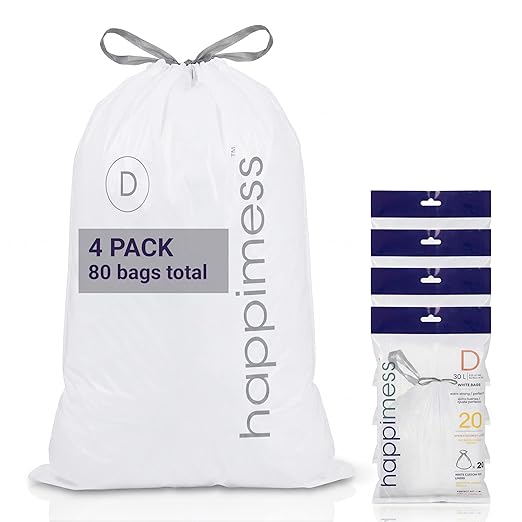 happimess 8 Gallon (30L) Drawstring Trash Bags Slim Unscented White Heavy Duty LDPE Liners for Kitchen and Household Custom Fit 80 Count (4 Packs of 20 Liners) HPM3000D-W-4SET