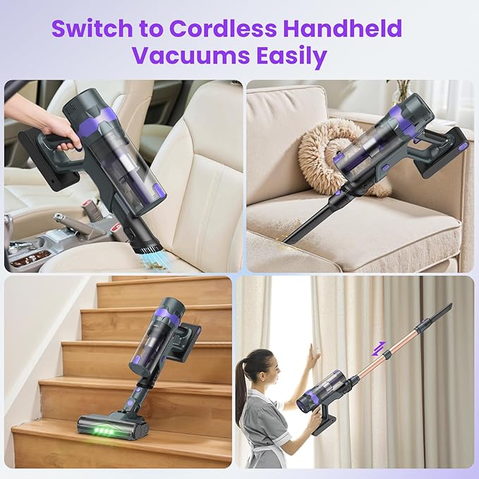 Cordless Vacuum Cleaner 80Kpa Lightweight Cordless Stick Vacuum 650W Rechargeable Battery Vacuum with 75min Runtime LED Display Stick Vacuum Cleaners for Home Pet Hair Hardfloor Carpet-V2 (Sliver)