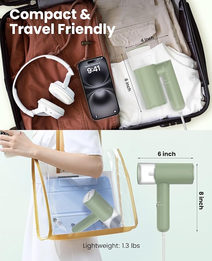 Handheld Steamer for Clothes 1200W Foldable Travel Steamer 20 Sec Preheat Garments Wrinkle Remover 120V Portable Hand Iron with 150ml Water Tank Clothes Steamer for Home Travel-Green