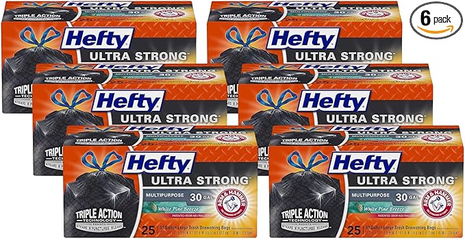 Hefty Ultra Strong Multipurpose Trash Bags Black Large Flexible with Drawstring White Pine Breeze Scent 30 Gallon 25 Count Per Pack (Pack of 6)