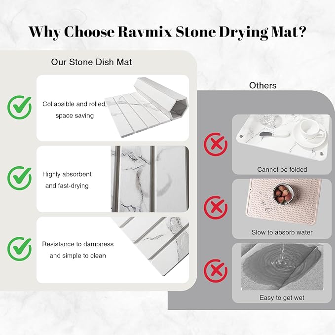 3PCS Set Large Stone Drying Mat for Kitchen Counter Foldable Collapsible Fast Drying Stone Dish Mat Water Absorbing Natural Diatomaceous Earth Bath Mat Quick Dry Stone Tray Bathroom Countertop Marble