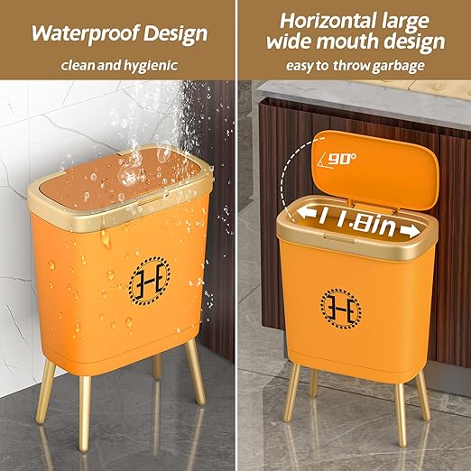 Procade Bedroom Trash Can with LidSlim Bathroom Trash Cans with Lids Dog Proof Trash Bin with Press Top LidModern Gold Trash Can Plastic Waste Basket for Living Room OfficeKitchen 4 Gal-Orange