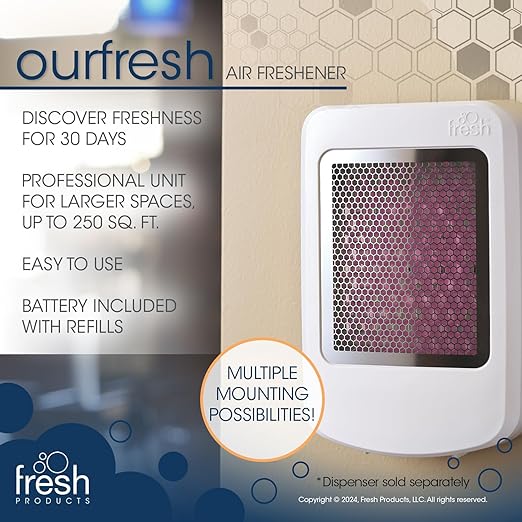 Fresh Products ourfresh 2 Air Freshener Replace Metered Aerosol with Dry Fragrance 30 Day Use Medium Sized Spaces Light Activated Battery Operated Batteries Included Seaside Breeze 8 pk