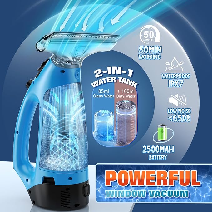 3 in 1 Rechargeable Window Vacuum Squeegee Cordless with 10 inch Blade Window Cleaner for Efficiently Spraying Wiping and Vacuuming Windows Mirrors Shower Glass Tiles and Countertops Blue