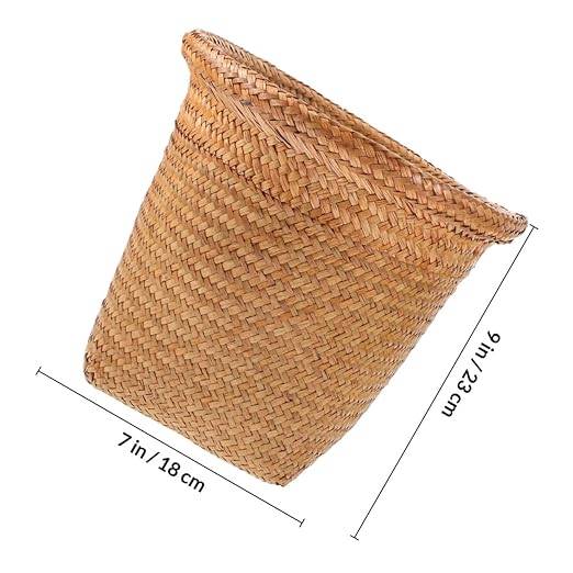 1Pc Straw Woven Wastebasket Rubbish Container for Home Office Kitchen and Bathroom Versatile Trash Can for Waste Paper Flowers and More Design Random Color