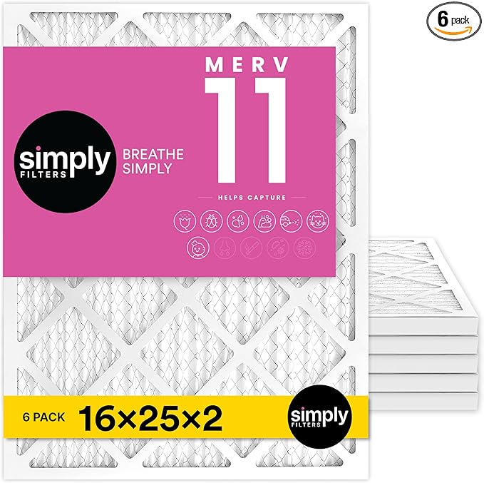 Simply 16x25x2 Air Filter MERV 11 6 Pack Furnace Air Filter for HVAC (Actual Size: 15.5x24.5x1.75) DUST Pet &amp Allergy Control