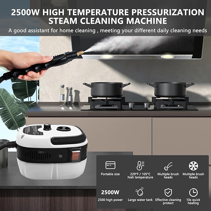 Handheld Steam Cleaner 2500W Pressurized Steam Cleaner with 3 Brush Heads Portable Steam Cleaner for Home Car Furniture Kitchen Bathroom and Wall White