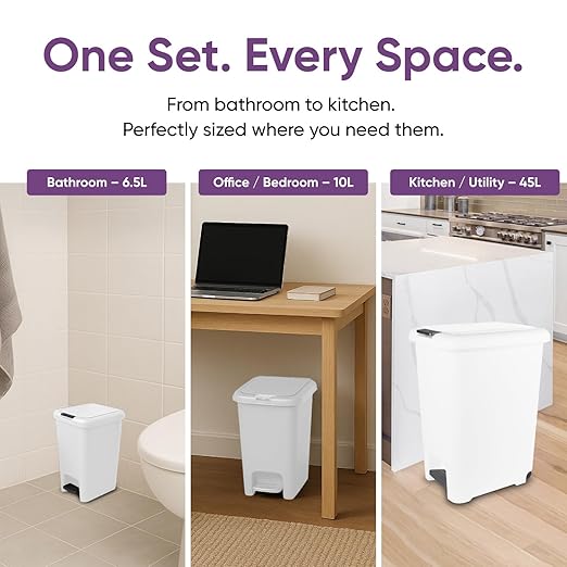 Superio 6.5L 10L and 48L Slim Step &amp Push Trash Cans - 3 Pack Dual Opening Smooth Matte Finish Durable Plastic - White