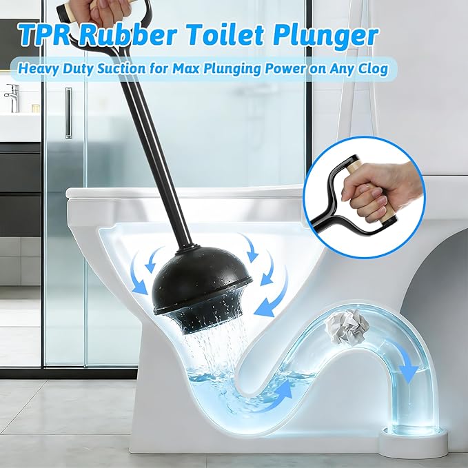 Sellemer Toilet Brush and Plunger Set Curved Design Head for Deep Cleaning Heavy Duty Toilet Bowl Brush and Plunger Combo with Holder for Bathroom Cleaning Black 2 Pack