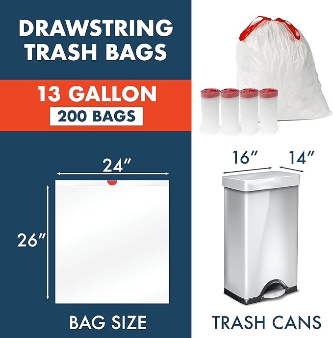 Made Here 13 Gallon Heavy Duty Commercial Trash Bags with Drawstring – White Waste Can Liners for Office Janitorial and Facility Use Leak-Resistant 200 Count