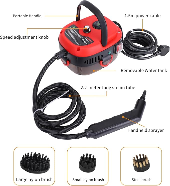 1500W Portable Handheld Steam Cleaner - 105℃ High Temperature Deep Cleaning with Removable Tank and 3 Brushes for Kitchen Bathroom Car Windows (US plug)