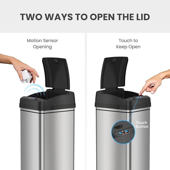 iTouchless Glide 13 Gallon Sensor Garbage Can with Wheels and Odor Control System Stainless Steel Automatic Kitchen Bin and Office Trash Bin (Powered by Battery or Optional AC Adapter)
