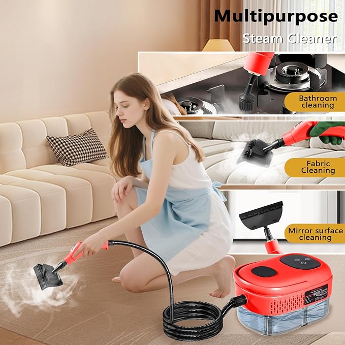 Handheld Steam Cleaner 1000ml Water Tank 15S Heat-up Time Multipurpose Steamer for Home Use Pressurized Steamer for Cleaning Floor Upholstery Grout and Car Red