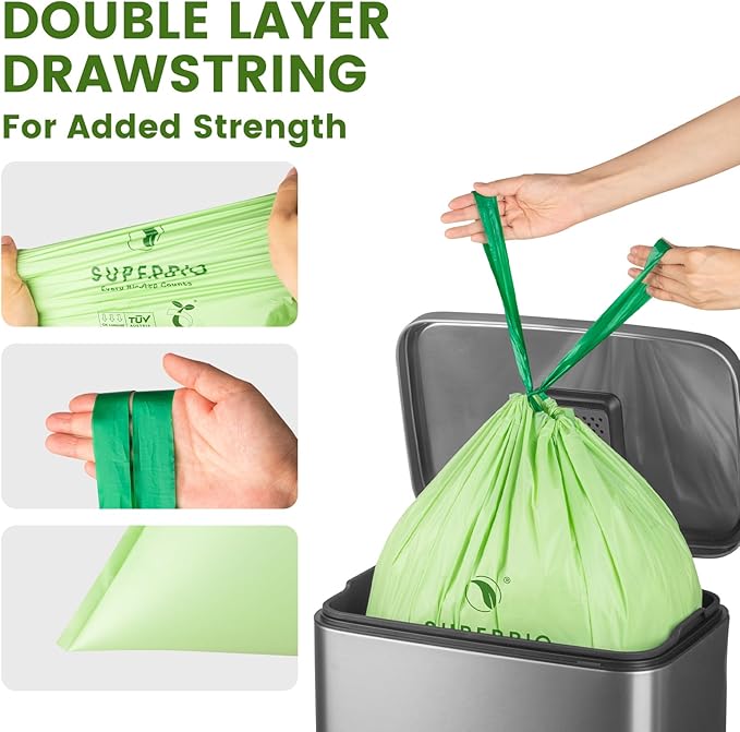 SUPERBIO 4 Gallon Compostable Drawstring Food Scrap Bags15.1 Liter 40 Count 0.9 MilHeavy Duty Waste Bags BPI Seedling and OK compost INDUSTRIAL
