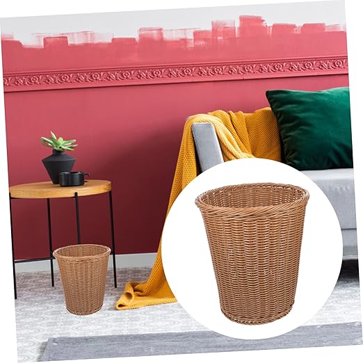 Woven Wastebasket Rust-Resistant Iron Handcrafted Faux Rattan Design Round Trash Bin for Office Home and Guest Rooms
