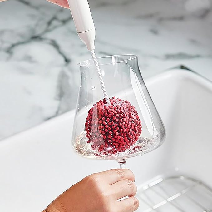 Wine Enthusiast Interchangeable Glassware Cleaning Brush Set – 5-Piece Bamboo Handle with Specialized Brush Heads for Wine Glasses Decanters and Barware Cleaning