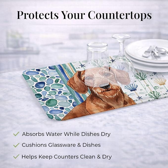 Caroline's Treasures Wirehaired Red Dachshund Coastal Sea Glass Dish Drying Mat Absorbent Dish Drying Mat Pad for Kitchen Counter Dish Drainer Mat for Countertop 14 x 21 Multicolor