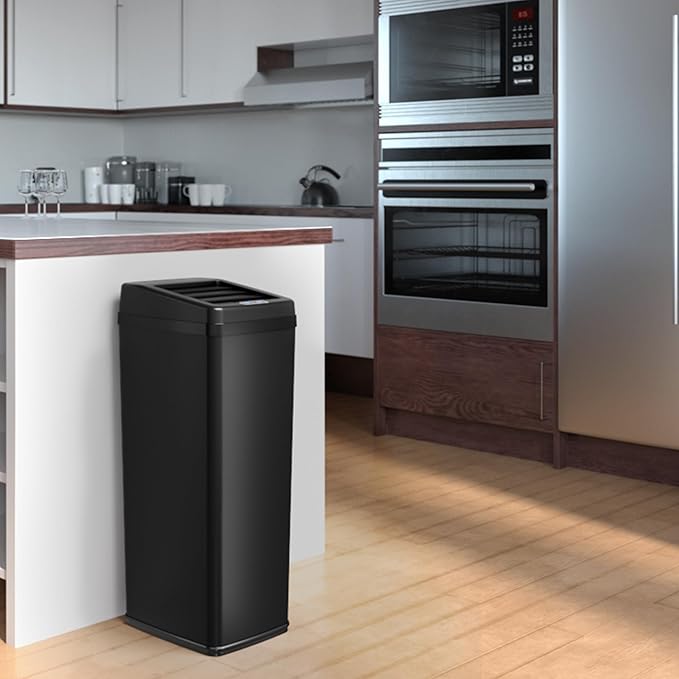 iTouchless 14 Gallon Slide Open Lid Kitchen Trash Can with Black Stainless Steel Rectangular Motion Sensor Trashcan for Home Office Work Bedroom Living Room Garage Large Capacity Slim Wastebasket