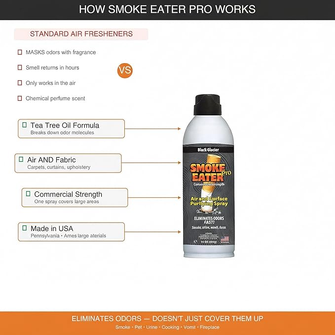 Smoke Eater Pro 16 oz Odor Eliminator Spray — Commercial Strength for Smoke Pet Urine and Cooking Odors — Air and Fabric Deodorizer with Tea Tree Oil — Made in USA (Black Glacier)