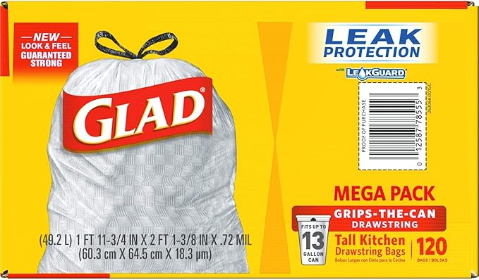 Glad Tall Kitchen Drawstring Trash Bags - 13 Gallon - 120 Count - 3 Boxes/Case