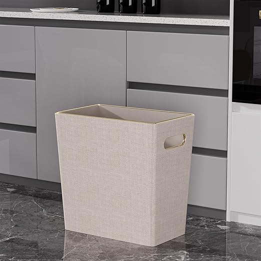 Beige White Trash Can Waste basket3/4 Gallon Office Pu Leather Wastebasket with Gold-Tone Edging Decoration for Bathroom Garbage Cans for Toilet Bedroom Living Room Office home modern decor