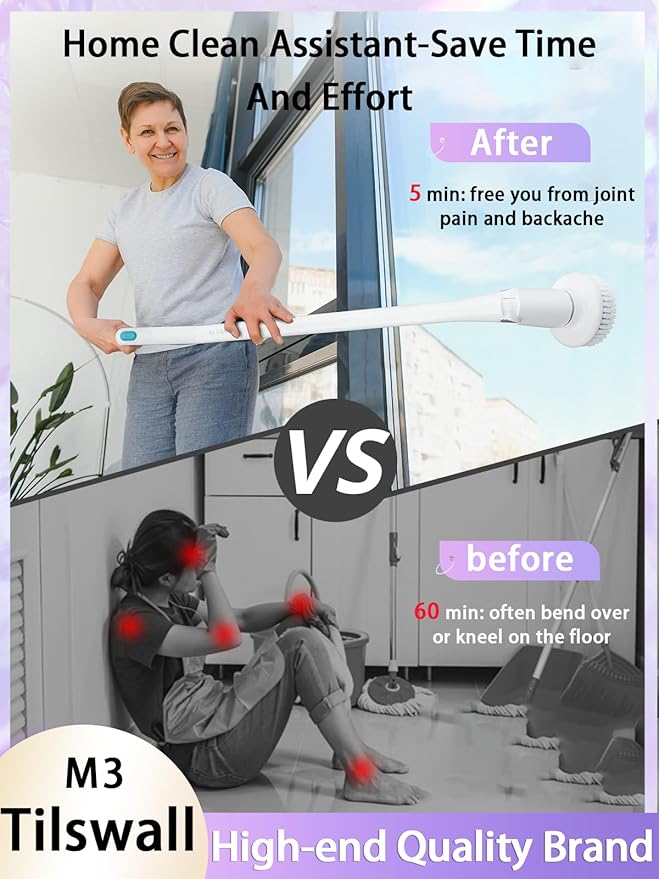 Tilswall Cordless Electric Spin Scrubber - Powered Shower &amp Tile Cleaning Brush with Detachable Handle 2-Speed Modes &amp Extra Battery for Bathroom Tub/Glass/Car Windows