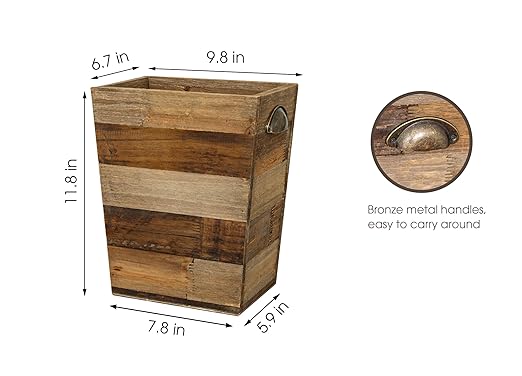 Small Wood Trash Can Farmhouse Rectangular Garbage Can Waste Basket Rustic Distressed Reclaimed Wood Wastebasket Vintage Wooden Trash Recycling Bin Storage Basket with Metal Handles (Natural)