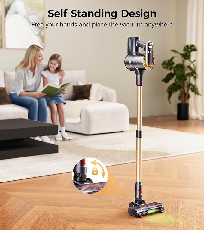RENDOW Cordless Vacuum Cleaner 550W 45Kpa 65Mins Vacuum Cleaners for Home Self-Standing Cordless Stick Vacuum with LED DisplayAnti-Tangle Rechargeable Wireless Vacuum for Pet Hair/Carpet/Hard Floor