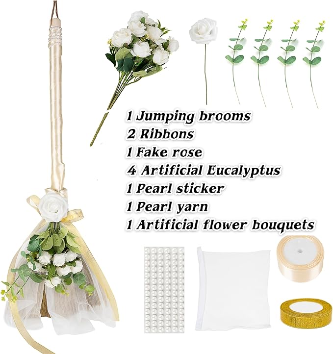 Wedding Broom African Jumping Ceremony Decorative Broom DIY Wedding Decor White Tulle Accents with Pearl Gold Ribbon Artificial Flower Bouquets