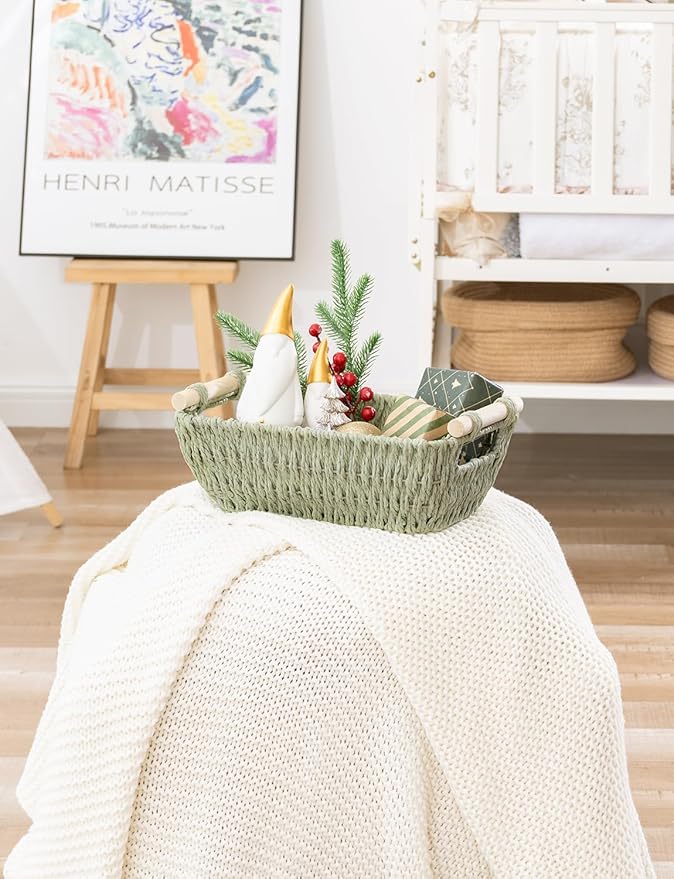 StorageWorks Round Paper Rope Woven Basket with Wooden Handles for Gifts Small Woven Baskets for Shelf Bosana Green 2-Pack