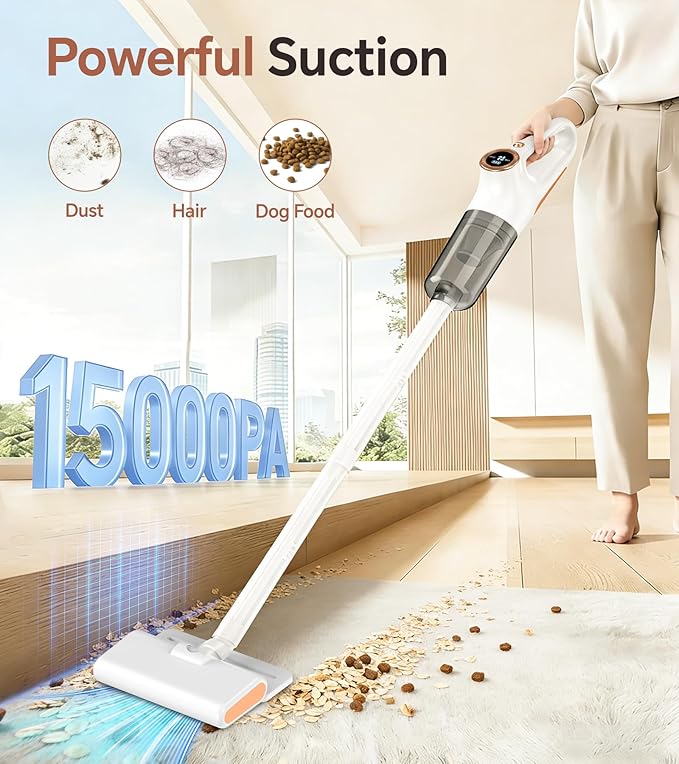 Cordless Vacuum Cleaner Stick Vacuum Cordless Rechargeable with Powerful Suction and LED Display Portable Vacuum Cleaners for Home Wireless Vacuum for Hardwood Floor Carpet Pet Hair White
