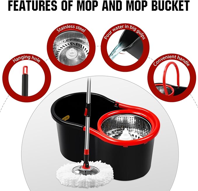 Spin Mop and Bucket with Wringer Set 360° Spinning Mop Bucket System with 3 Microfiber Mop Replacement Heads and 51 Stainless Steel Adjustable Handle for Floor Cleaning (15QT)